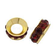 Brass Rhinestone Spacer Beads, Grade A, Rondelle, Golden Metal Color, Siam, 9x4mm, Hole: 4mm(RB-A020-9mm-22G)