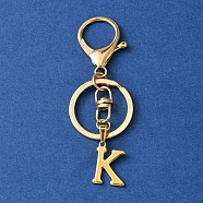 304 Stainless Steel Initial Letter Charm Keychains, with Alloy Clasp, Golden, Letter K, 8.5cm(KEYC-YW00005-11)