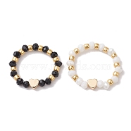 Glass Stretch Rings with Golden Plated Heart Brass Beads, Mixed Color, 3.5mm, Inner Diameter: US Size 8 1/2(18.5mm)(RJEW-JR00660-01)