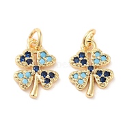 Clover Brass Micro Pave Cubic Zirconia Charms, with Jump Rings, Real 18K Gold Plated, 12x8.5x1.5mm, Hole: 2mm(KK-B102-04G)