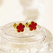 Golden 304 Stainless Steel Flower Stud Earrings with Natural Shell, Red, 9mm(MK6703-3)