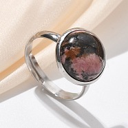 Half Round Natural Rhodonite Finger Rings, 304 Stainless Steel Adjustable Rings for Women, Round: 14mm, US Size 7 1/4(17.5mm)(RJEW-M062-01P-07)