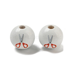 Printed Wood European Beads, Large Hole Beads, Round, White, 16~16.5x14.5~15mm, Hole: 4mm(WOOD-L020-D03)