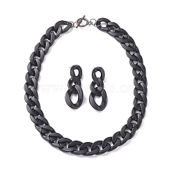 CCB Plastic& Acrylic Curb Chain Necklace & Dangle Stud Earrings, Chunky Jewelry Set with Stainless Steel Pin for Women, Black, 18.50 inch(47cm), 52x21x6mm, Pin: 0.9mm(SJEW-JS01233-01)