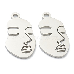 304 Stainless Steel Pendants, Abstract Face, Stainless Steel Color, 24x13x1mm, Hole: 2mm(STAS-P276-01B-P)