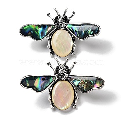 Tibetan Style Alloy Insect Brooches, with Natural Paua Shell & White Shell, Antique Silver, 36x56.5x10.5mm(JEWB-A021-03AS-02)