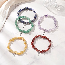 Natural Gemstone Chip Beads  Stretch Bracelets, Cross 201 Stainless Steel Charm Bracelets for Women, Inner Diameter: 2.28 inch(5.8cm)(BJEW-JB13250)