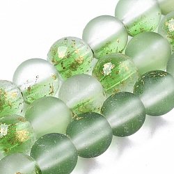 Frosted Spray Painted Glass Beads Strands, with Golden Foil, Round, Lime Green, 6~7mm, Hole: 1.2~1.5mm, about 65~67pcs/Strand, 14.76 inch~15.12 inch(37.5~38.4cm)(GLAA-N035-03B-C02)