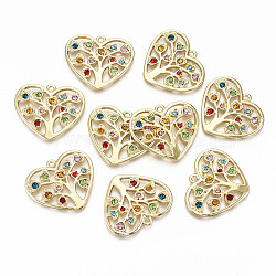 Alloy Pendants, with Rhinestone, Cadmium Free & Nickel Free & Lead Free, Oval with Tree, Mixed Color, Light Gold, 25.5x30x3mm, Hole: 1.8mm(PALLOY-T075-17LG-NR)