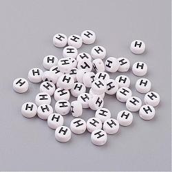 Flat Round with Letter H Acrylic Beads, with Horizontal Hole, White & Black, Size: about 7mm in diameter, 4mm thick, hole: 1mm(X-PL37C9070-H)