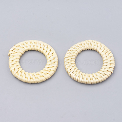 Handmade Spray Painted Reed Cane/Rattan Woven Linking Rings, For Making Straw Earrings and Necklaces,  Dyed, Pearlized Effect, Lemon Chiffon, 43~47x4~6mm, inner diameter: 22~28mm(WOVE-N007-01E)