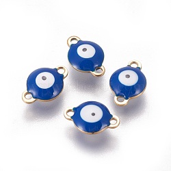 Ion Plating(IP) 304 Stainless Steel Enamel Links connectors, Flat Round with Evil Eye, Golden, Marine Blue, 12x8x4mm, Hole: 1.4mm(STAS-F206-02G-B04)
