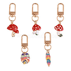 5Pcs Alloy Enamel Keychain, with Alloy Findings, Monstera Leaf & Mushroom & Leaf, Golden, 5.9x1.6cm(JX218A)