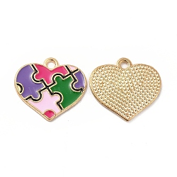 Alloy Enamel Pendants, Heart with Autism Puzzle Pattern Charm, Golden, Colorful, 19x20.5x1mm, Hole: 2mm(ENAM-J650-01G-02)