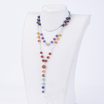 Chakra Jewelry, Natural & Synthetic Gemstone Beaded Necklaces, with Alloy Magnetic Clasps, Rhinestone Beads, Colorful, 36.2 inch(92cm)