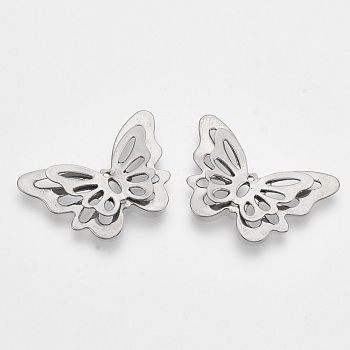 201 Stainless Steel 3D Pendants, Butterfly, Stainless Steel Color, 17.5x25.5x3mm, Hole: 0.9mm