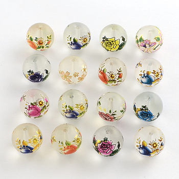Flower Picture Frosted Transparent Glass Round Beads, Mixed Color, 14x13mm, Hole: 1.5mm