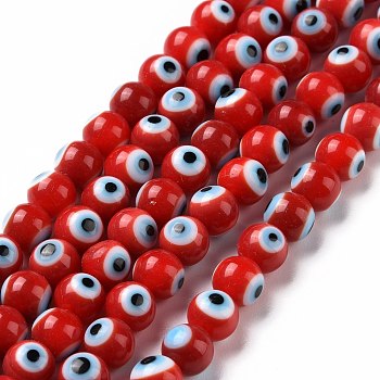 Handmade Evil Eye Lampwork Round Bead Strands, Red, 6mm, Hole: 1mm, about 64pcs/Strand, 14.57 inch(37cm)