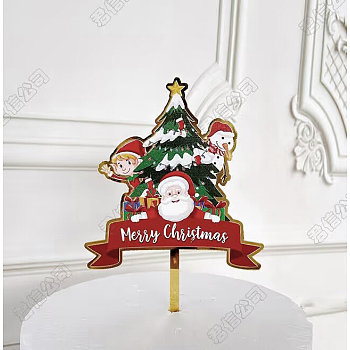 Acrylic Cake Toppers, Cake Inserted Cards, Christmas Themed Decorations, Tree & Santa Clus & Word Merry Christmas, Red, 163x97mm