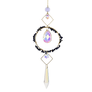 Natural Lapis Lazuli Chips Hanging Ornaments, Glass Teardrop Hanging Suncatcher, 420mm