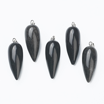 Natural Obsidian Pointed Pendants, with Platinum Brass Findings, Bullet, 32~33x12mm, Hole: 2.5x6mm