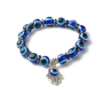 Evil Eye Resin Beads Stretch Bracelet for Girl Women, Healing Power Non-magnetic Synthetic Hematite Beads Bracelet with Hamsa Hand /Hand of Miriam Charm, Blue, Inner Diameter: 2-1/8 inch(5.5cm)