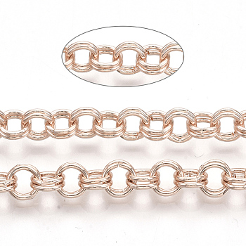 Iron Rolo Chains, Double Link Chains, Unwelded, with Spool, Rose Gold, Link: 6x1mm, about 82.02 Feet(25m)/roll