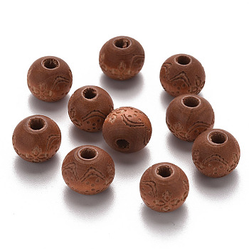 Painted Natural Wood Beads, Laser Engraved Pattern, Round with Flower Pattern, Peru, 10x9mm, Hole: 3mm