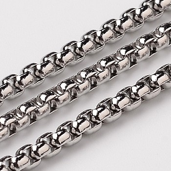 304 Stainless Steel Venetian Chains Box Chains, Unwelded, Stainless Steel Color, 2.5x2.5mm