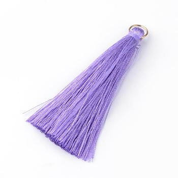 Nylon Thread Tassel Big Pendants Decoration, with Brass Findings, Golden, Medium Purple, 63~66x7mm, Hole: 7mm