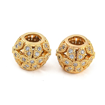 Rack Plating Brass Micro Pave Cubic Zirconia Europeam Beads, Large Hole Beads, Long-Lasting Plated, Cadmium Free & Lead Free, Barrel with Flower, Real 18K Gold Plated, 11.5x9.5mm, Hole: 5mm