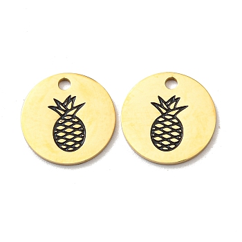 304 Stainless Steel Charms, with Enamel, Flat Round with Pineapple Pattern Charms, Real 14K Gold Plated, 12x1mm, Hole: 1.5mm