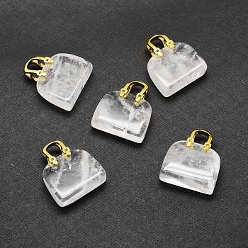 Natural Quartz Crystal Brass Pendants, Rock Crystal, Golden, Bag, 27~29x24~26x9~13mm, Hole: 6mm