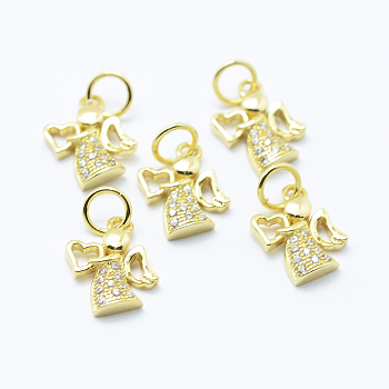 Brass Micro Pave Cubic Zirconia Charms, Angel, Lead Free & Nickel Free & Cadmium Free, Golden, 12x9.5x2mm, Hole: 3.5mm