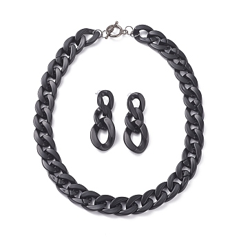 CCB Plastic& Acrylic Curb Chain Necklace & Dangle Stud Earrings, Chunky Jewelry Set with Stainless Steel Pin for Women, Black, 18.50 inch(47cm), 52x21x6mm, Pin: 0.9mm