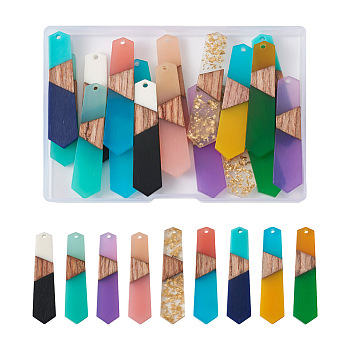 18Pcs 9 Styles Resin & Walnut Wood Pendants, Polygon, Mixed Color, 49x12x3.5mm and 49.5x12.5x4mm, 2pcs/style