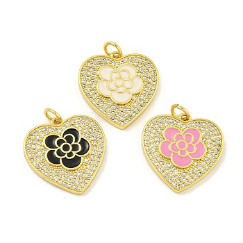 Rack Plating Heart with Flower Brass Micro Pave Clear Cubic Zirconia, with Enamel Pendants, Cadmium Free & Lead Free, Real 18K Gold Plated, Long-Lasting Plated, with Jump Ring, Mixed Color, 20.3x19.7x2.3mm, Hole: 3.5mm