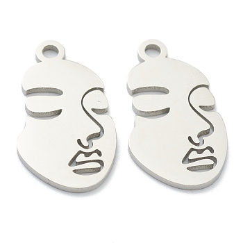 304 Stainless Steel Pendants, Abstract Face, Stainless Steel Color, 24x13x1mm, Hole: 2mm