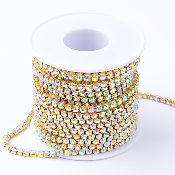 Brass Rhinestone Strass Chains, Rhinestone Cup Chains, with Spool, Raw(Unplated), Crystal AB, 2.3~2.4mm, about 10yards/roll