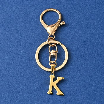 304 Stainless Steel Initial Letter Charm Keychains, with Alloy Clasp, Golden, Letter K, 8.5cm