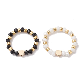 Glass Stretch Rings with Golden Plated Heart Brass Beads, Mixed Color, 3.5mm, Inner Diameter: US Size 8 1/2(18.5mm)
