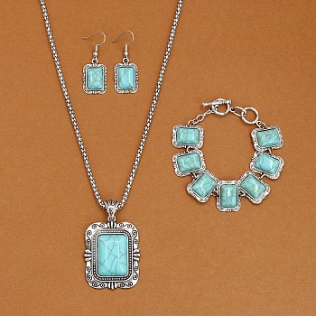Rectangle Alloy with Synthetic Turquoise Pendant Necklaces & Dangle Earrings & Link Bracelets Sets, Antique Silver, Pale Turquoise, 19.29 inch(490mm)