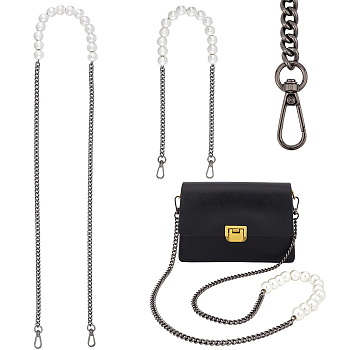 WADORN 2Pcs 2 Style Plastic Imitation Pearl Beaded Bag Straps, with Iron Curb Chains & Alloy Swivel Clasps, for Purse Handle Replacement, Gunmetal, 61.2~121cm, 1pc/style