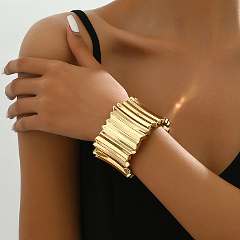 Chunk Retro Alloy Pleated Hinged Bangles for Women, Real 14K Gold Plated