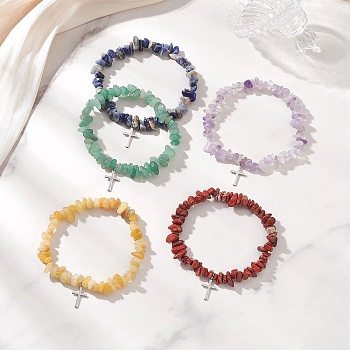 Natural Gemstone Chip Beads  Stretch Bracelets, Cross 201 Stainless Steel Charm Bracelets for Women, Inner Diameter: 2.28 inch(5.8cm)