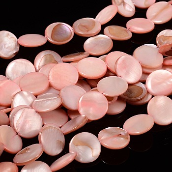 Natural Shell Beads Strands, Dyed, Flat Round, Pink, about 14mm in diameter, 3mm thick, hole: 2mm, 28pcs/strand, 16 inch