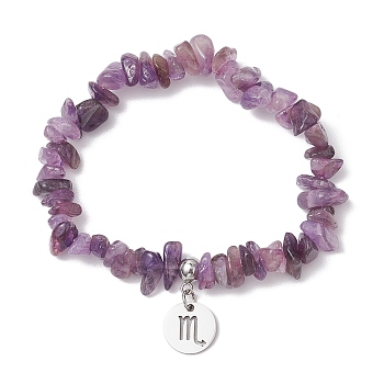 Natural Amethyst Chip Beaded Stretch Bracelets, 304 Stainless Steel Scorpio Charm Bracelets for Women, Inner Diameter: 1-7/8~2-1/4 inch(4.8~5.7cm)