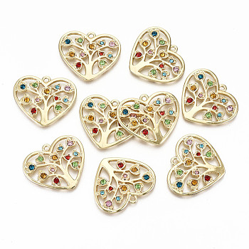 Alloy Pendants, with Rhinestone, Cadmium Free & Nickel Free & Lead Free, Oval with Tree, Mixed Color, Light Gold, 25.5x30x3mm, Hole: 1.8mm