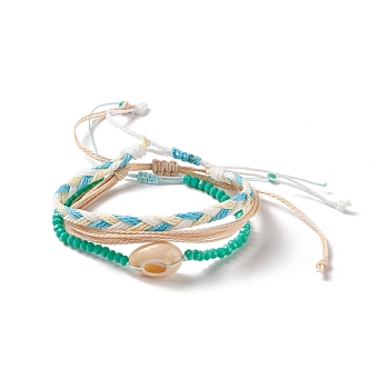 3Pcs 3 Style Natural Shell & Glass Braided Bead Bracelets Set, Adjustable Bracelets for Women, Green, Inner Diameter: 2~4 inch(5.1~10.1cm), 1Pc/style