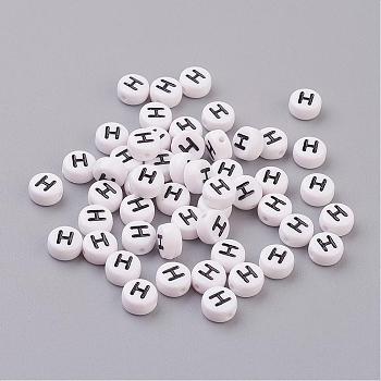 Flat Round with Letter H Acrylic Beads, with Horizontal Hole, White & Black, Size: about 7mm in diameter, 4mm thick, hole: 1mm
